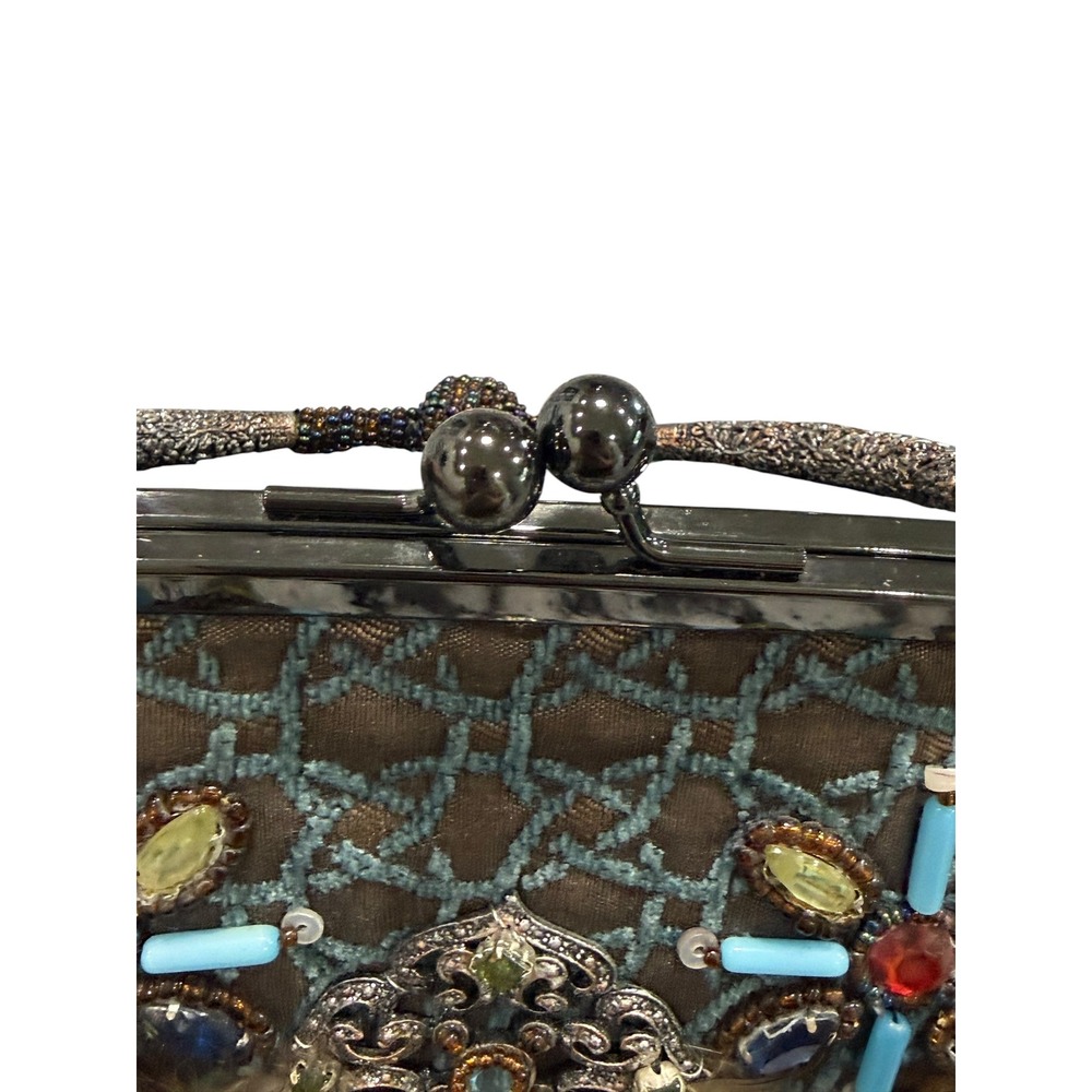 Mary Frances Beaded Feather Fur Evening Clutch Handbag Blue Brown Jeweled Purse - Picture 13 of 16